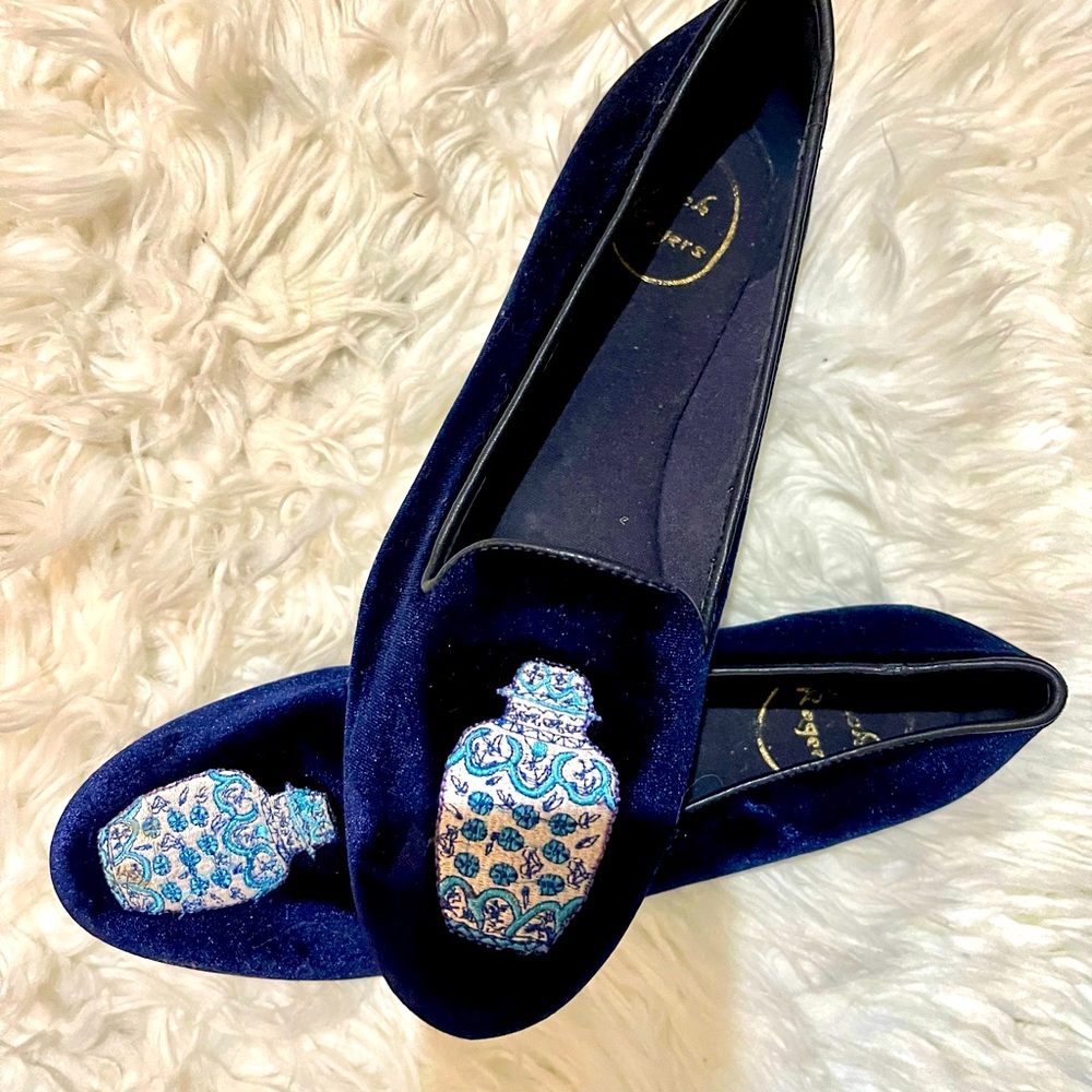 Jack Rogers Blue Velvet Mules with Embroidered Design
